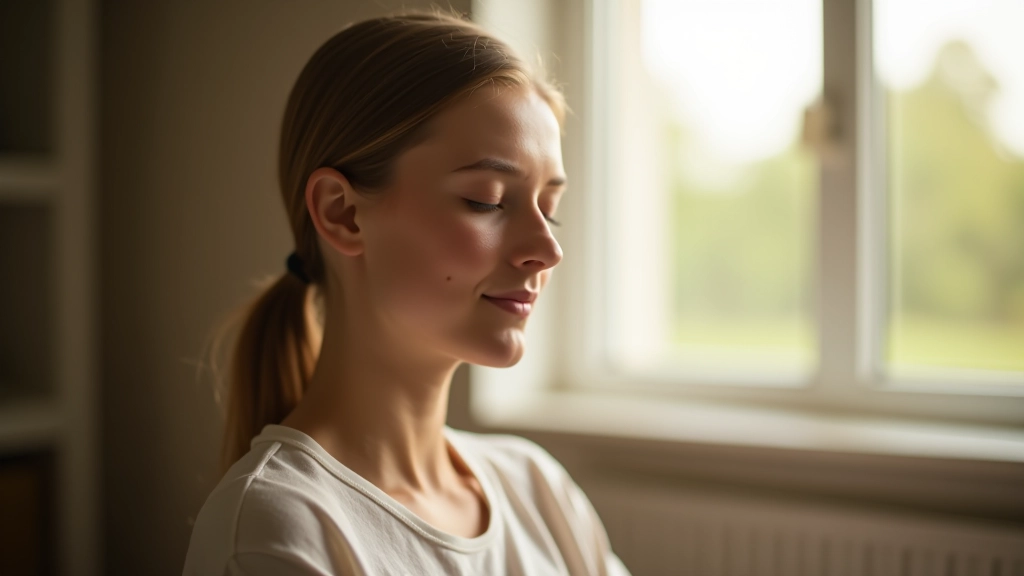 Nærbillede af person i meditation, rolig udtryk, naturligt lys fra vindue