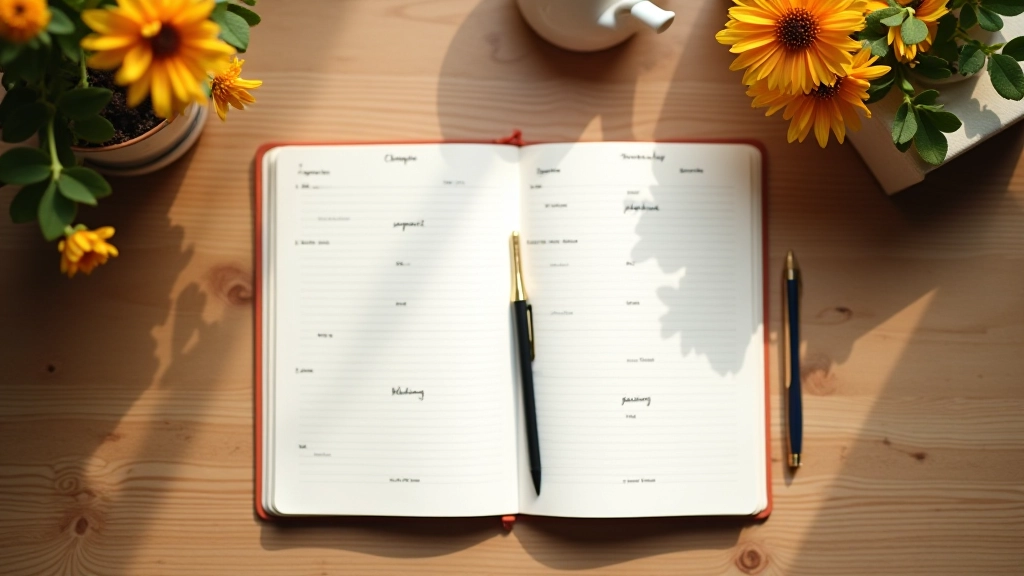 Åben notesbog med håndskrevne noter, pen, blomster, minimalistisk opsætning