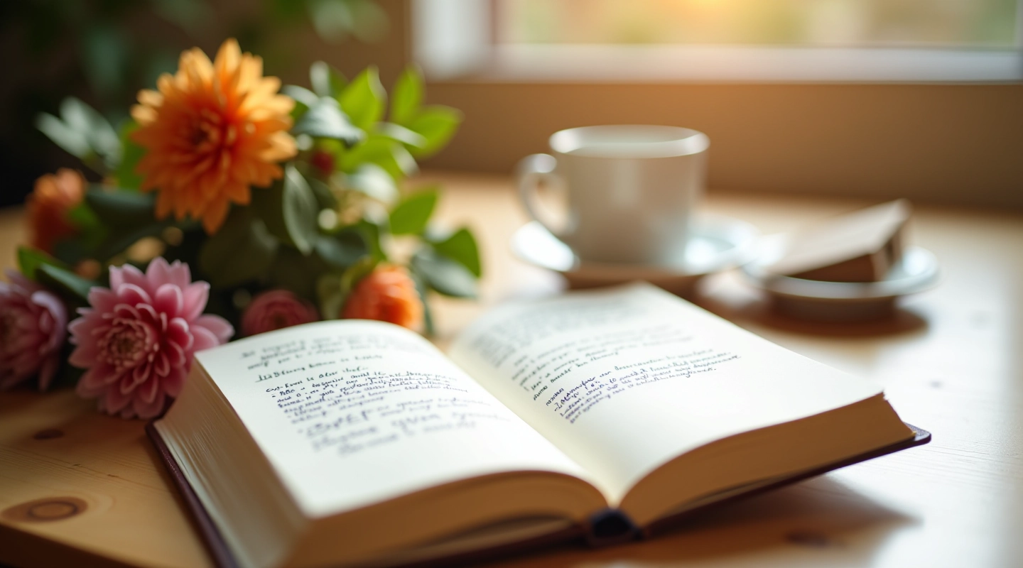 Åben notesbog på trætabel med kaffekop og blomster i morgenlys