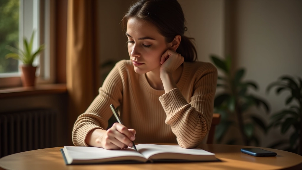 Woman writing in journal with reflection